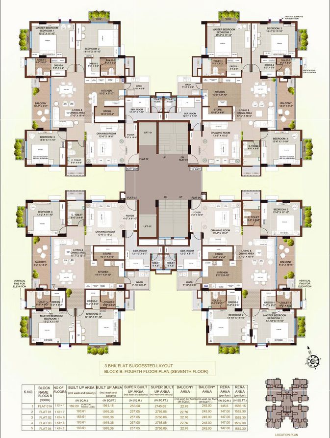 3 BHK FLAT SUGGESTED LAYOUT  BLOCK B FOURTH FLOOR PLAN (SEVENTH FLOOR}