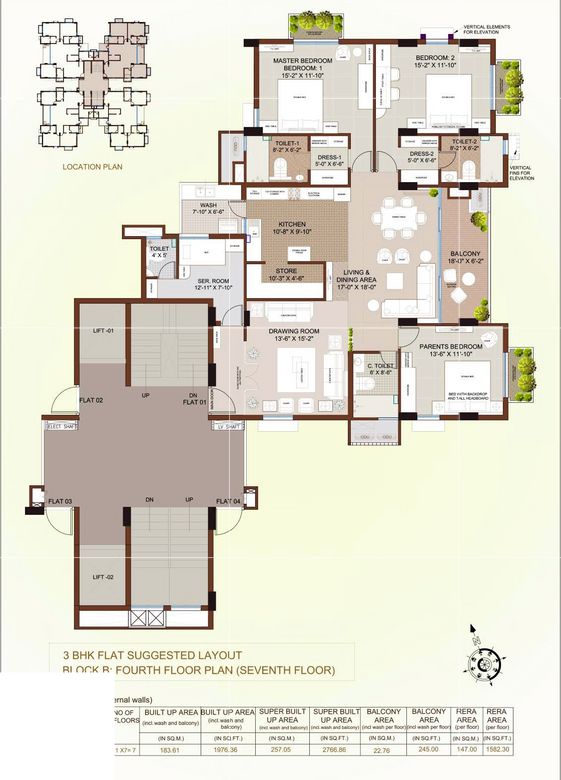 3 BHK FLAT SUGGESTED LAYOUT  BLOCK B FOURTH FLOOR PLAN (SEVENTH FLOOR}