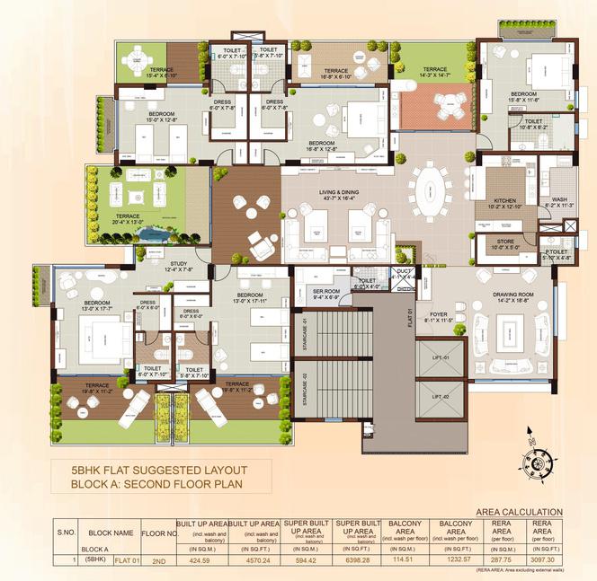 5 BHK FLAT SUGGESTED LAYOUT  BLOCK A SECOND FLOOR PLAN